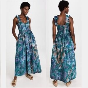 Sika Traci Smocked Maxi Dress 6 Leaf Print Tropical Resort Vacation Cotton Teal